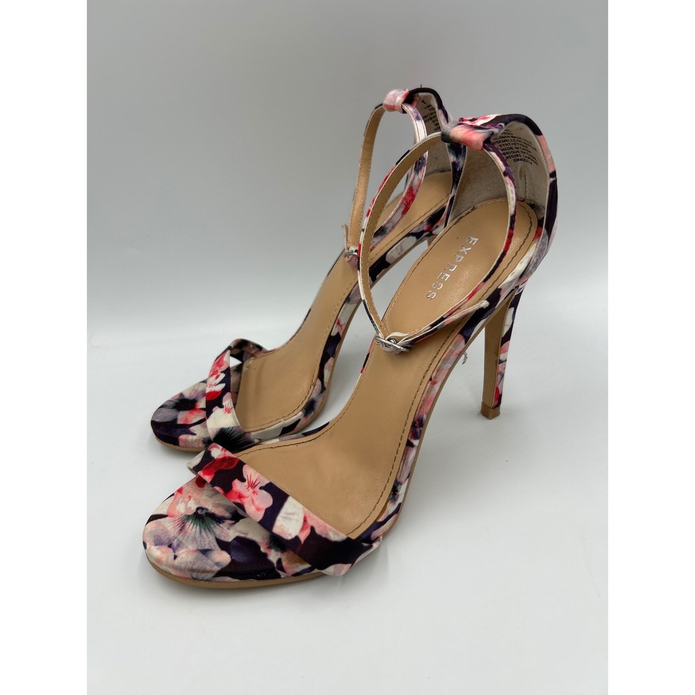 Express Floral Ankle Strap Stiletto Sandals Pink Black White Size 7 Open Toe - Picture 8 of 8